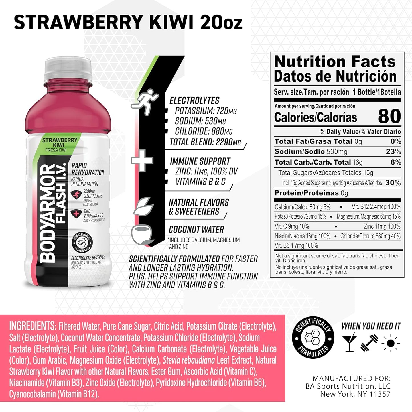 BODYARMOR Flash I.V. Strawberry Kiwi Electrolyte Beverage, 20oz (12 Pack)