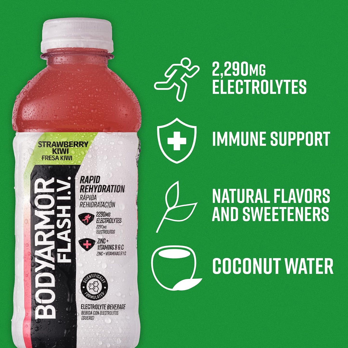 BODYARMOR Flash I.V. Strawberry Kiwi Electrolyte Beverage, 20oz (12 Pack)