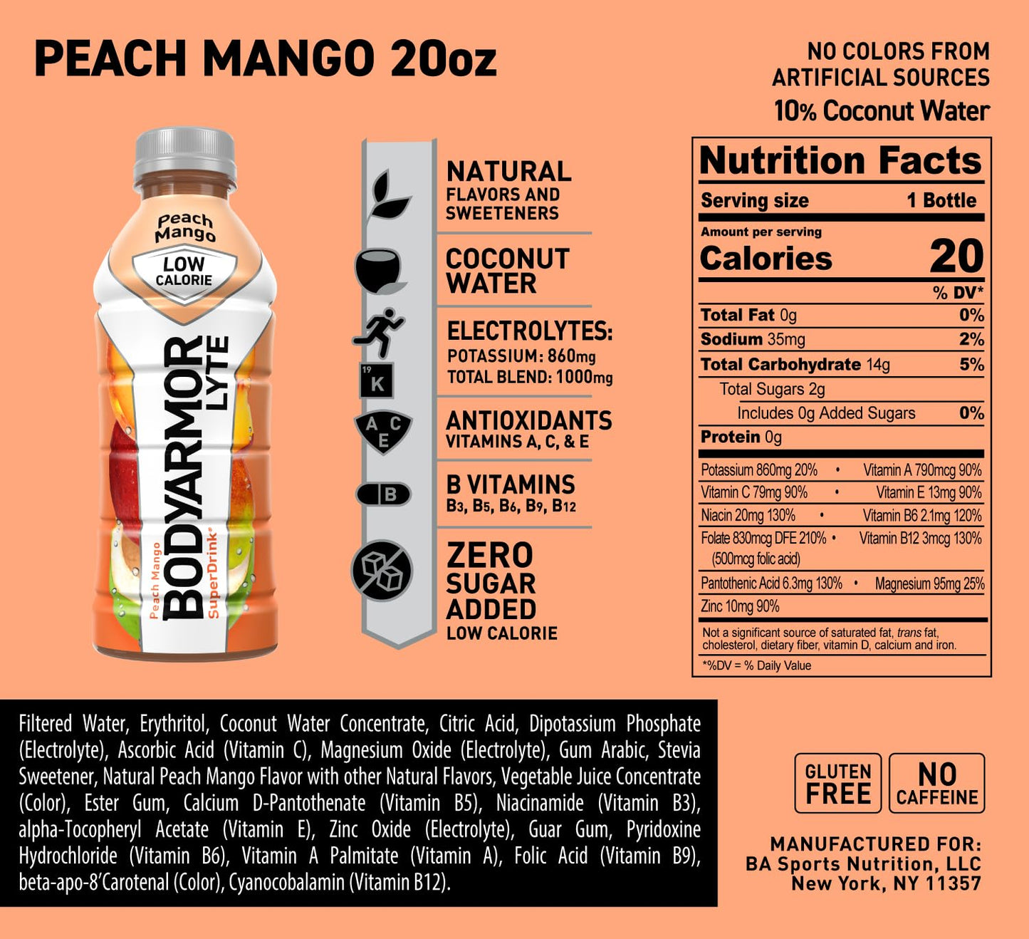 BODYARMOR LYTE Peach Mango Coconut Water Sports Drink - Low-Calorie Hydration With Electrolytes and Vitamins - 20Fl Oz (Pack of 6)