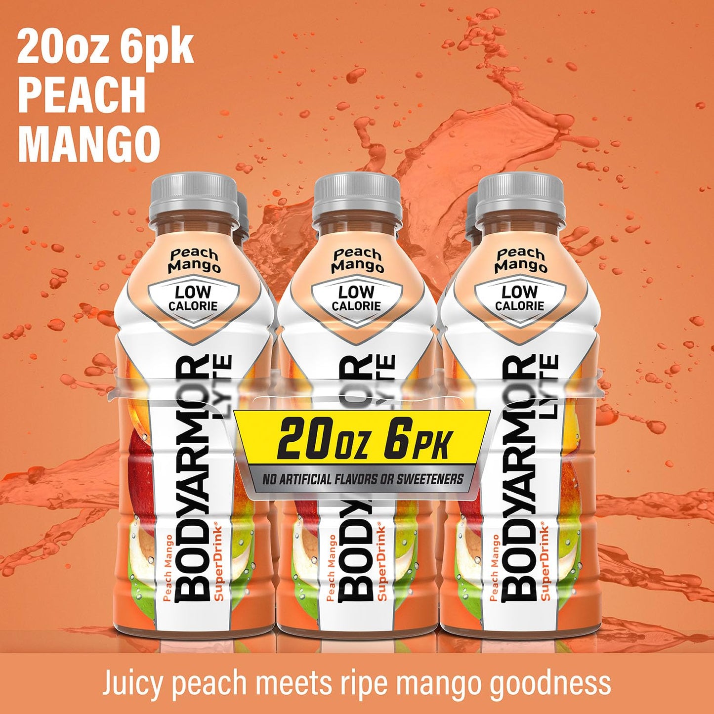 BODYARMOR LYTE Peach Mango Coconut Water Sports Drink - Low-Calorie Hydration With Electrolytes and Vitamins - 20Fl Oz (Pack of 6)