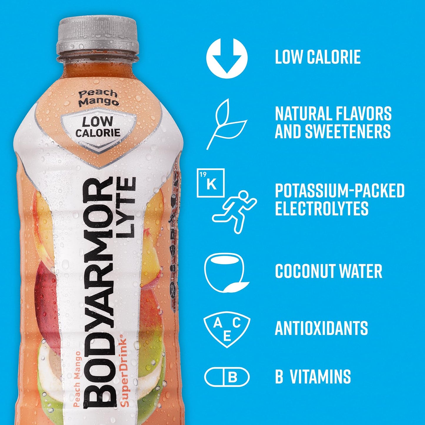 BODYARMOR LYTE Peach Mango Coconut Water Sports Drink - Low-Calorie Hydration With Electrolytes and Vitamins - 20Fl Oz (Pack of 6)