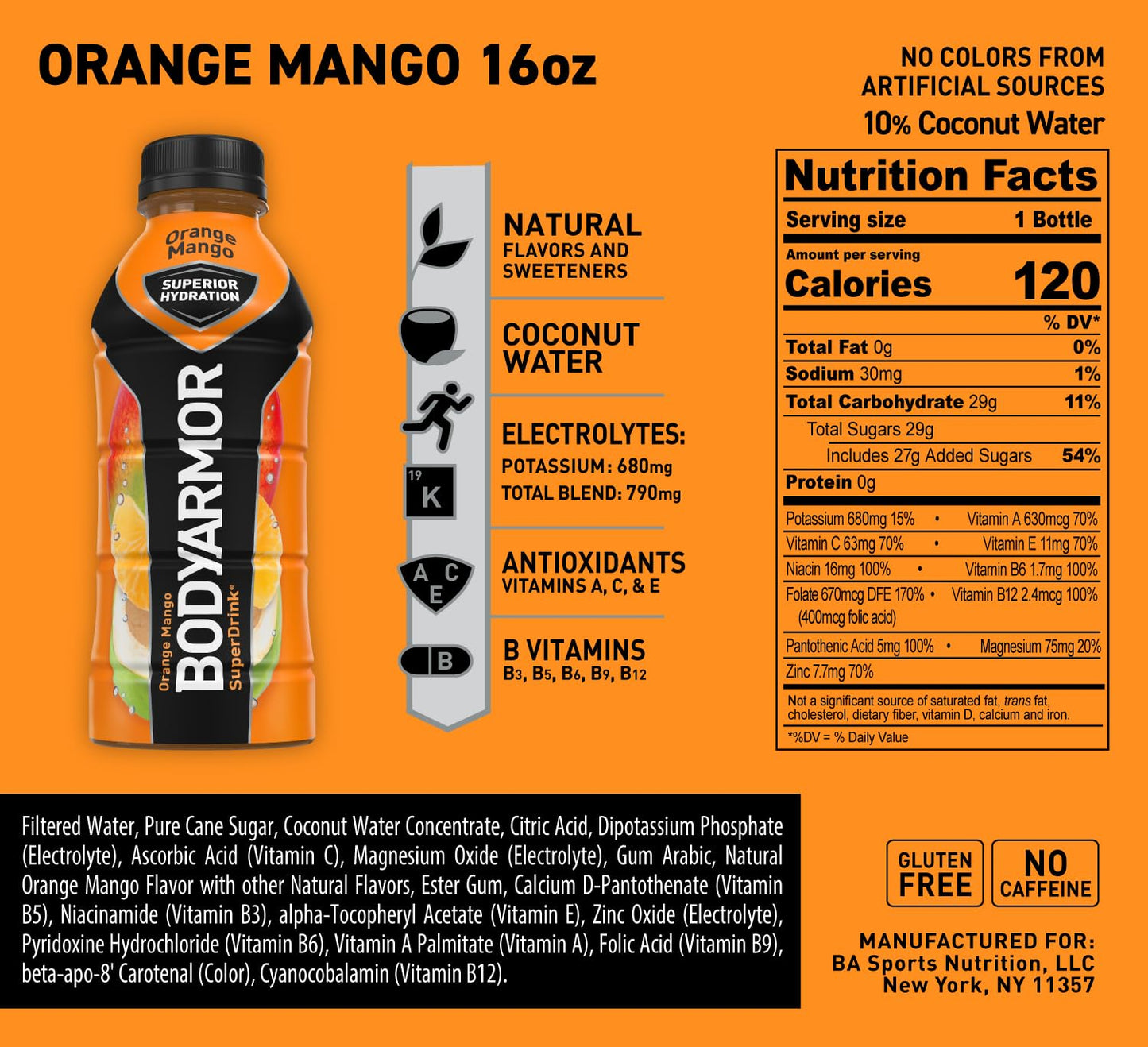 BODYARMOR Orange Mango Coconut Water Sports Drink with Natural Flavors, Vitamins, and Electrolytes - 16 Fl Oz (Pack of 12)