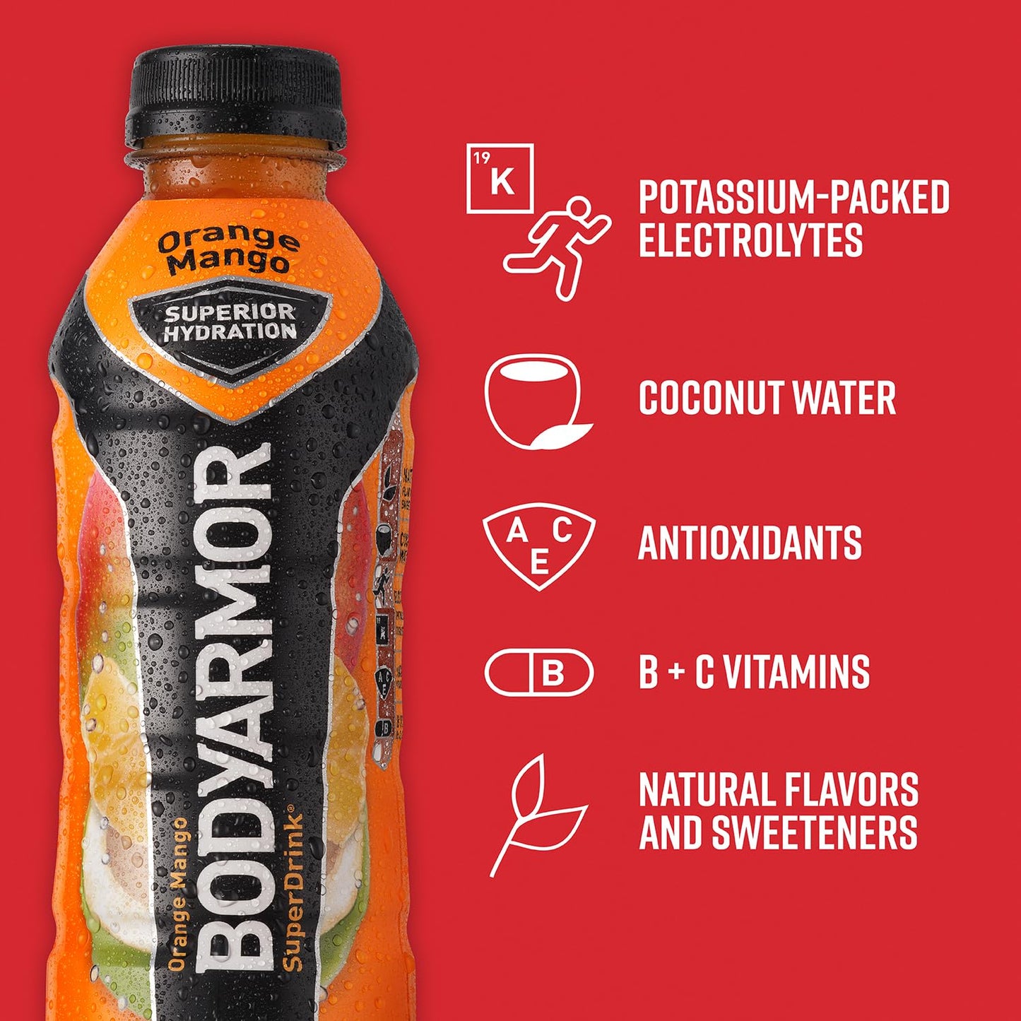 BODYARMOR Orange Mango Coconut Water Sports Drink with Natural Flavors, Vitamins, and Electrolytes - 16 Fl Oz (Pack of 12)