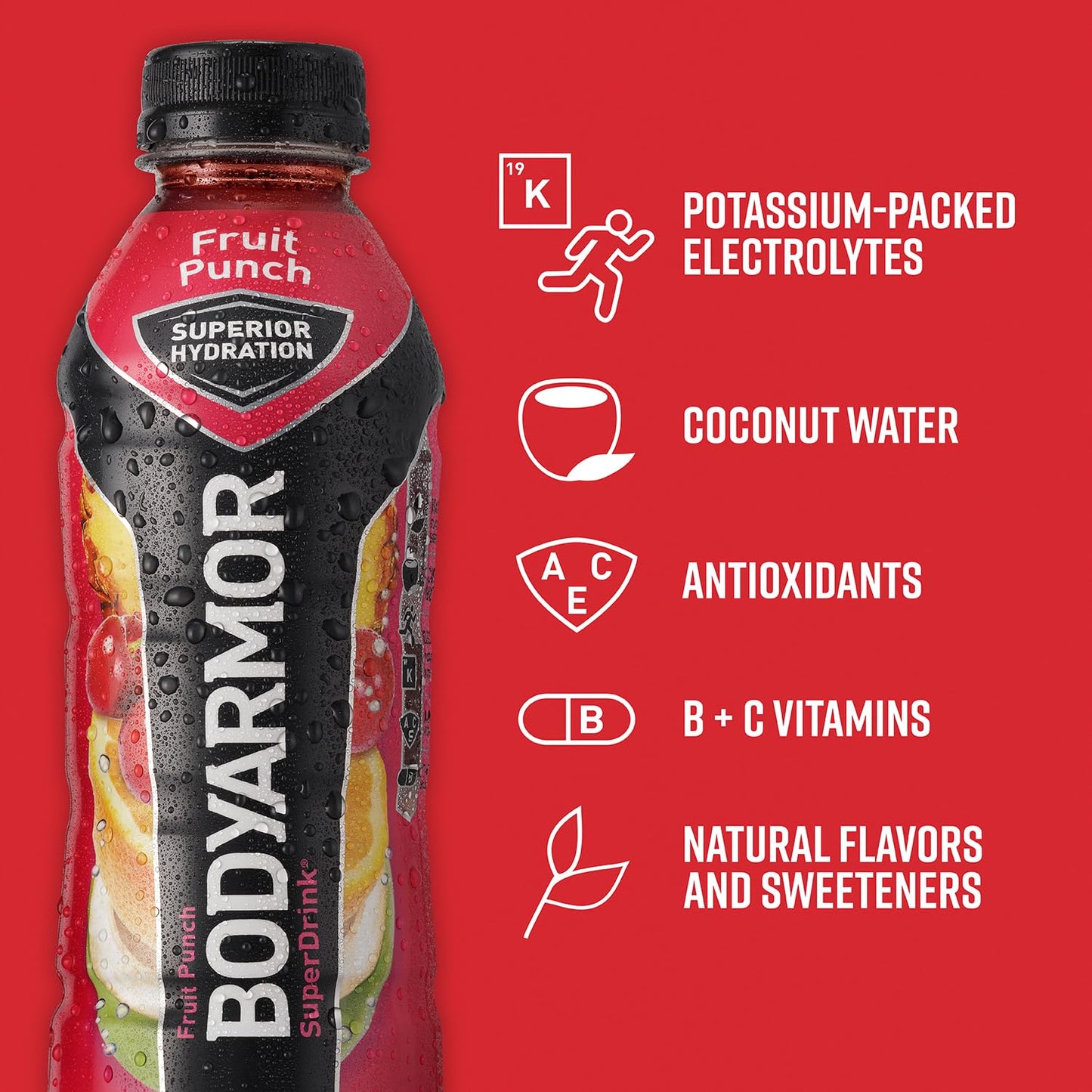 BODYARMOR Sports Drink: Fruit Punch Flavor with Coconut Water, Natural Vitamins & Electrolytes - 16 Fl Oz (12 Pack)