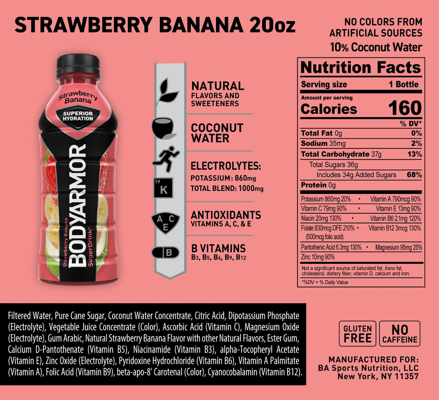 BODYARMOR Strawberry Banana Coconut Water Sports Drink, 20 Fl Oz (Pack of 6) - Hydrating Sports Beverage with Natural Flavors, Vitamins, and Potassium-Packed Electrolytes - Ideal for Athletes
