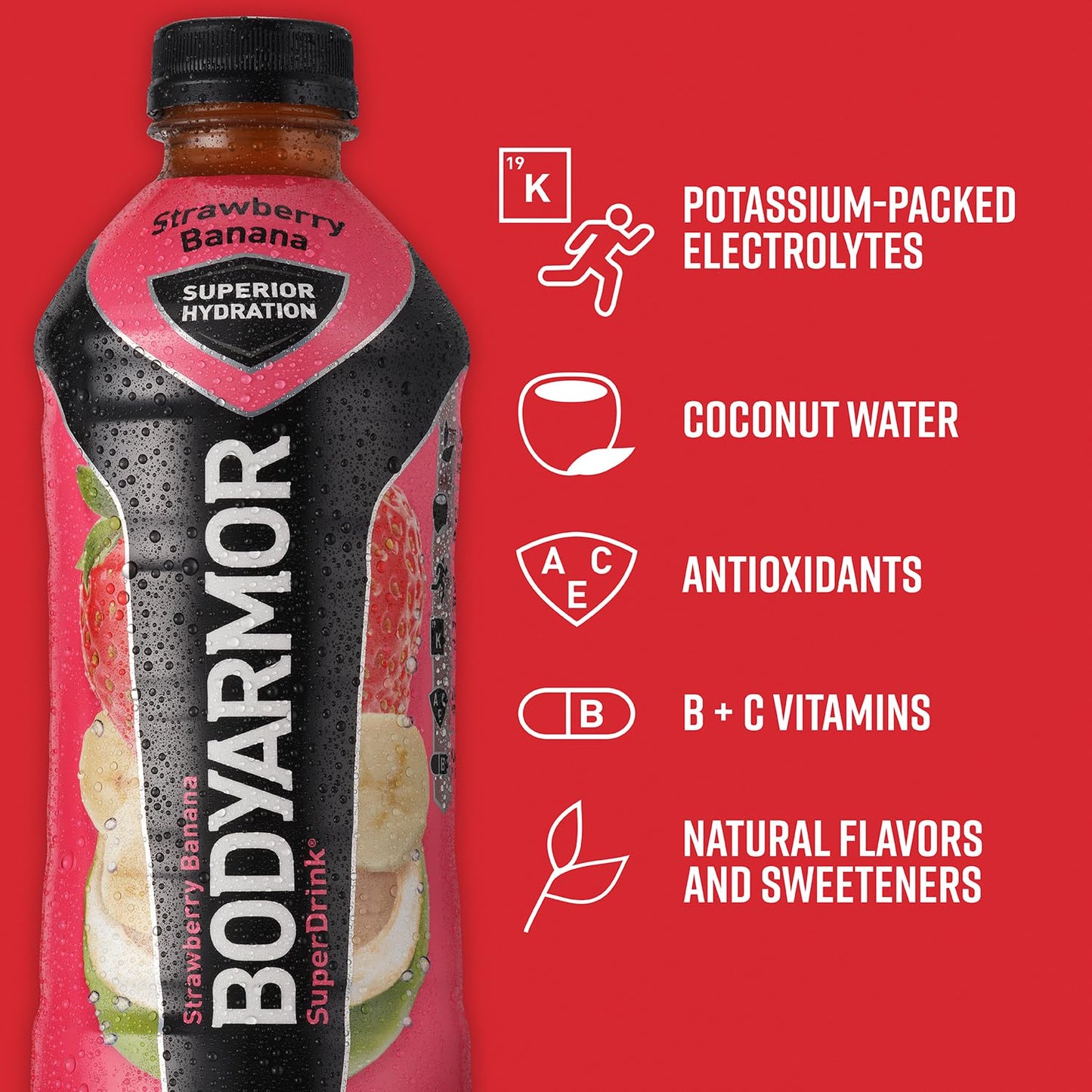 BODYARMOR Strawberry Banana Coconut Water Sports Drink, 20 Fl Oz (Pack of 6) - Hydrating Sports Beverage with Natural Flavors, Vitamins, and Potassium-Packed Electrolytes - Ideal for Athletes