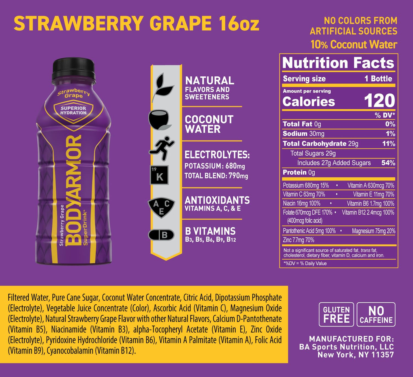 BODYARMOR Strawberry Grape Sports Drink with Electrolytes & Vitamins - 16 Fl Oz (Pack of 12) - Ideal for Athletes - No Preservatives