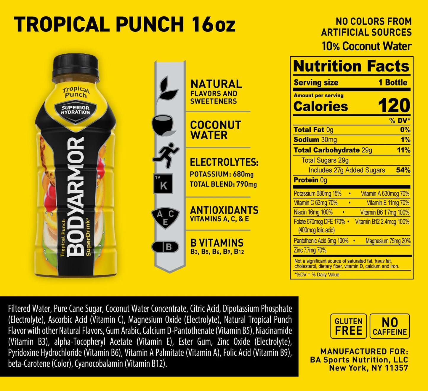 BODYARMOR Tropical Punch Coconut Water Sports Drink with Electrolytes and Vitamins - 16 Fl Oz (Pack of 12) for Athletes