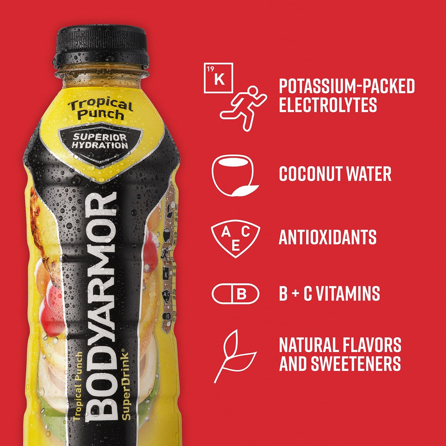 BODYARMOR Tropical Punch Coconut Water Sports Drink with Electrolytes and Vitamins - 16 Fl Oz (Pack of 12) for Athletes