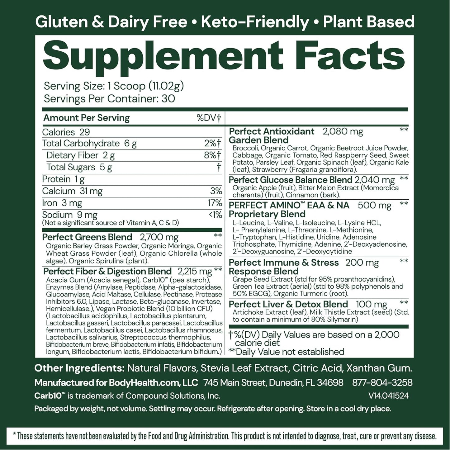 BodyHealth Greens Enhanced with PerfectAmino - Superfood Green Apple Smoothie Powder - Antioxidants, Probiotics, Fiber - 30 Servings