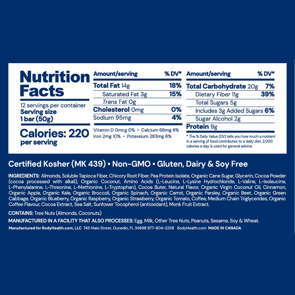 BodyHealth PerfectAmino Bar: Coffee Protein Energy Snack with 10g Protein, Plant-Based MCTs, Superfood Blend - Kosher (12 Pack)