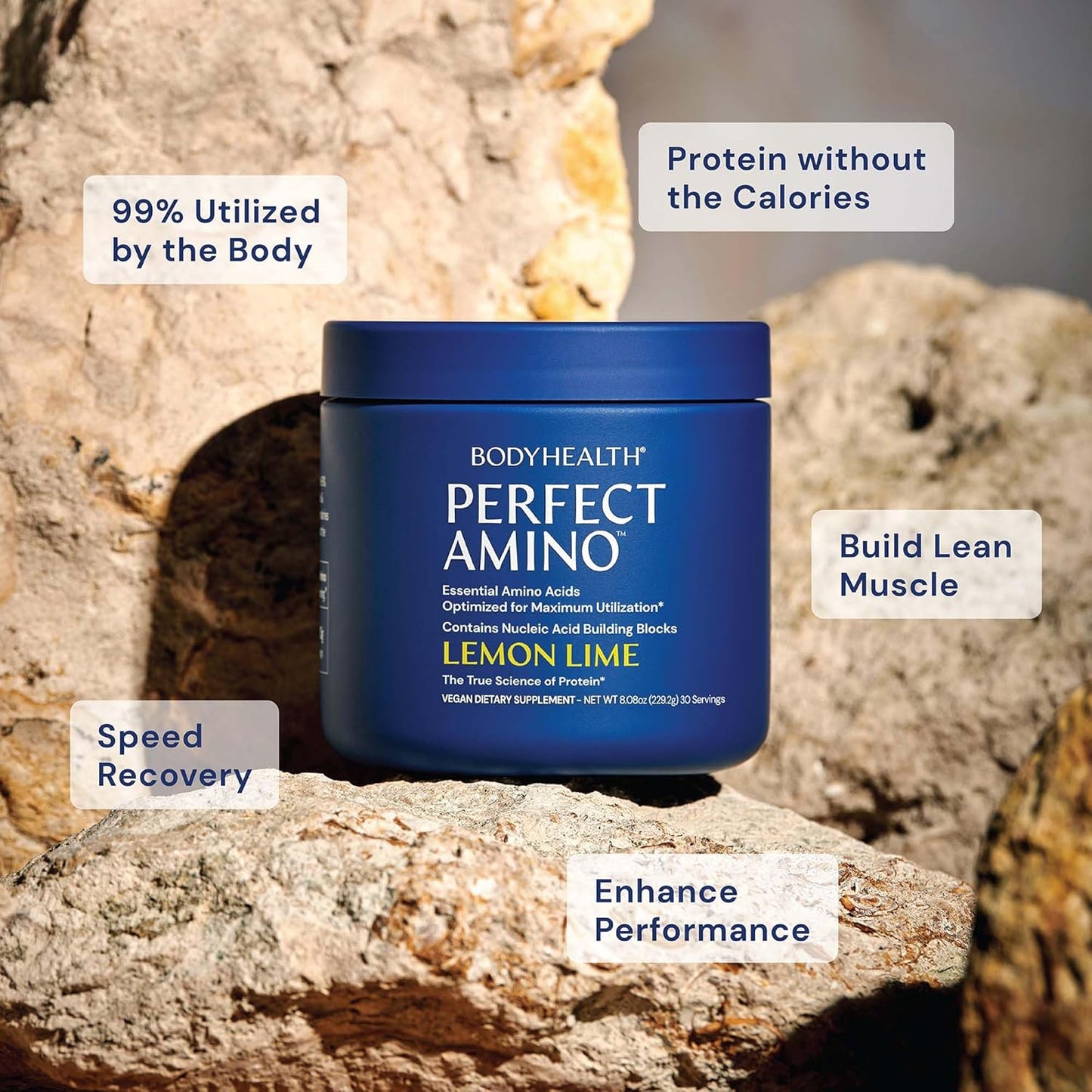 BodyHealth PerfectAmino Powder - BCAA and EAA Pre/Post Workout Drink - Energy Boost for Muscle Recovery - Lemon Lime Flavor - 60 Servings