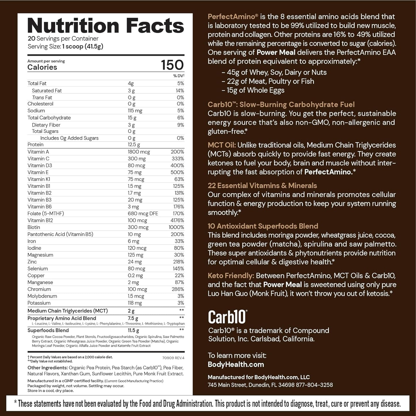 BodyHealth PerfectAmino Power Meal Shake - Dark Chocolate Flavor with MCT Oil, Carb 10, and Perfect Amino Protein Base - 20 Servings