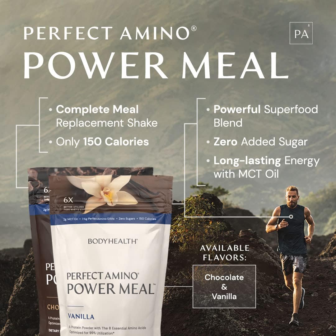 BodyHealth PerfectAmino Power Meal Shake - Dark Chocolate Flavor with MCT Oil, Carb 10, and Perfect Amino Protein Base - 20 Servings