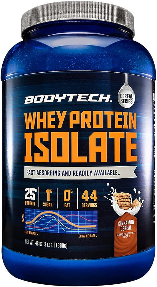 BodyTech Whey Protein Isolate Powder - Cinnamon Cereal Flavor, 25g Protein & BCAA's, Ideal for Post-Workout Muscle Growth - 3lb