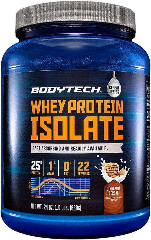 BodyTech Whey Protein Isolate Powder - Cinnamon Cereal Flavor, 25g Protein & BCAA's, Ideal for Post-Workout Muscle Growth (1.5 lbs)