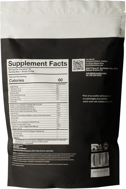 Bolmann Brothers Grass-Fed Brazilian Collagen Coffee Supplement with Biotin, Vitamins, and Minerals - 6g Collagen per Serving
