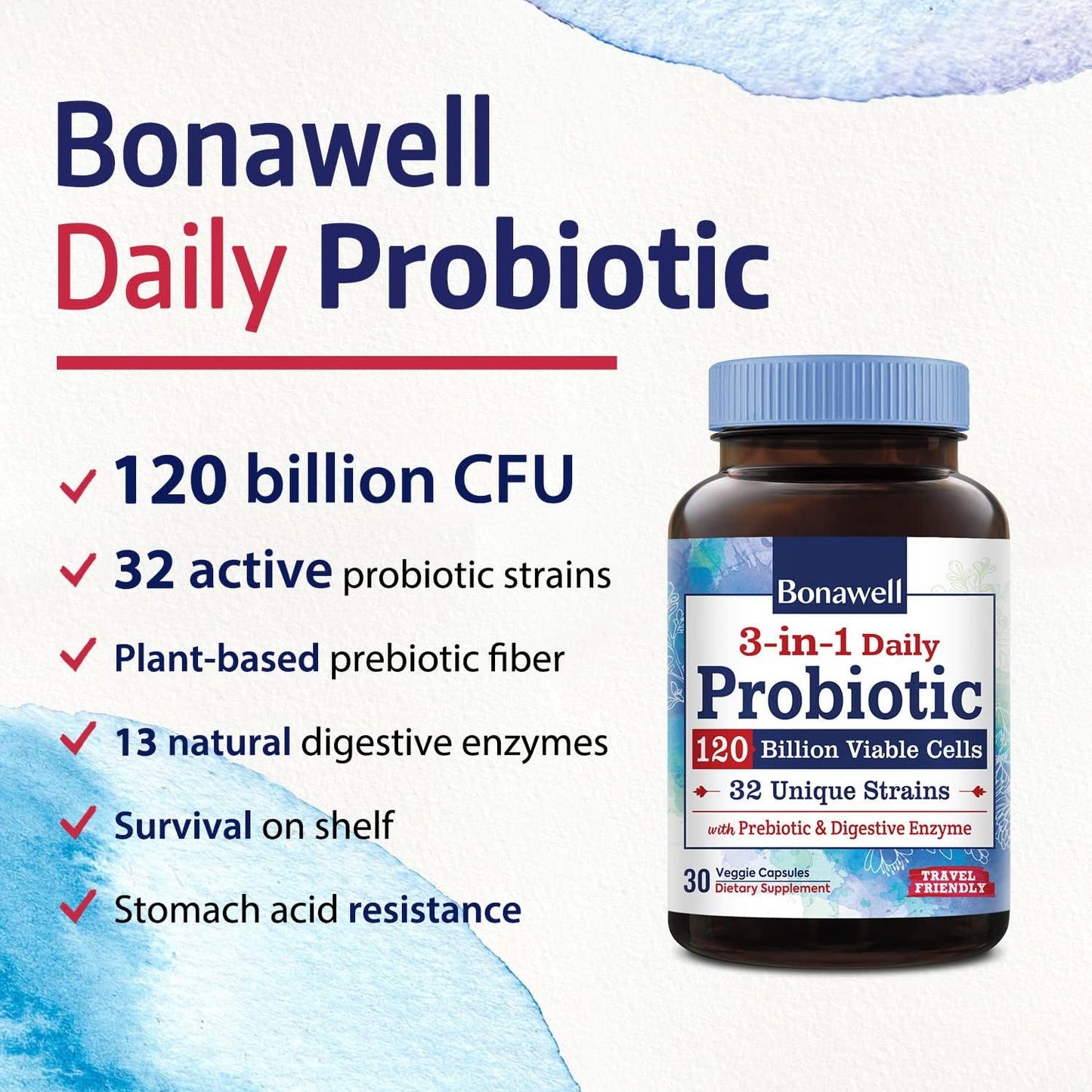 Bonawell Probiotics 120 Billion CFU 32 Strains with Prebiotics and Digestive Enzymes - 3-in-1 Daily Probiotic for Gut Health - 30 Veggie Capsules