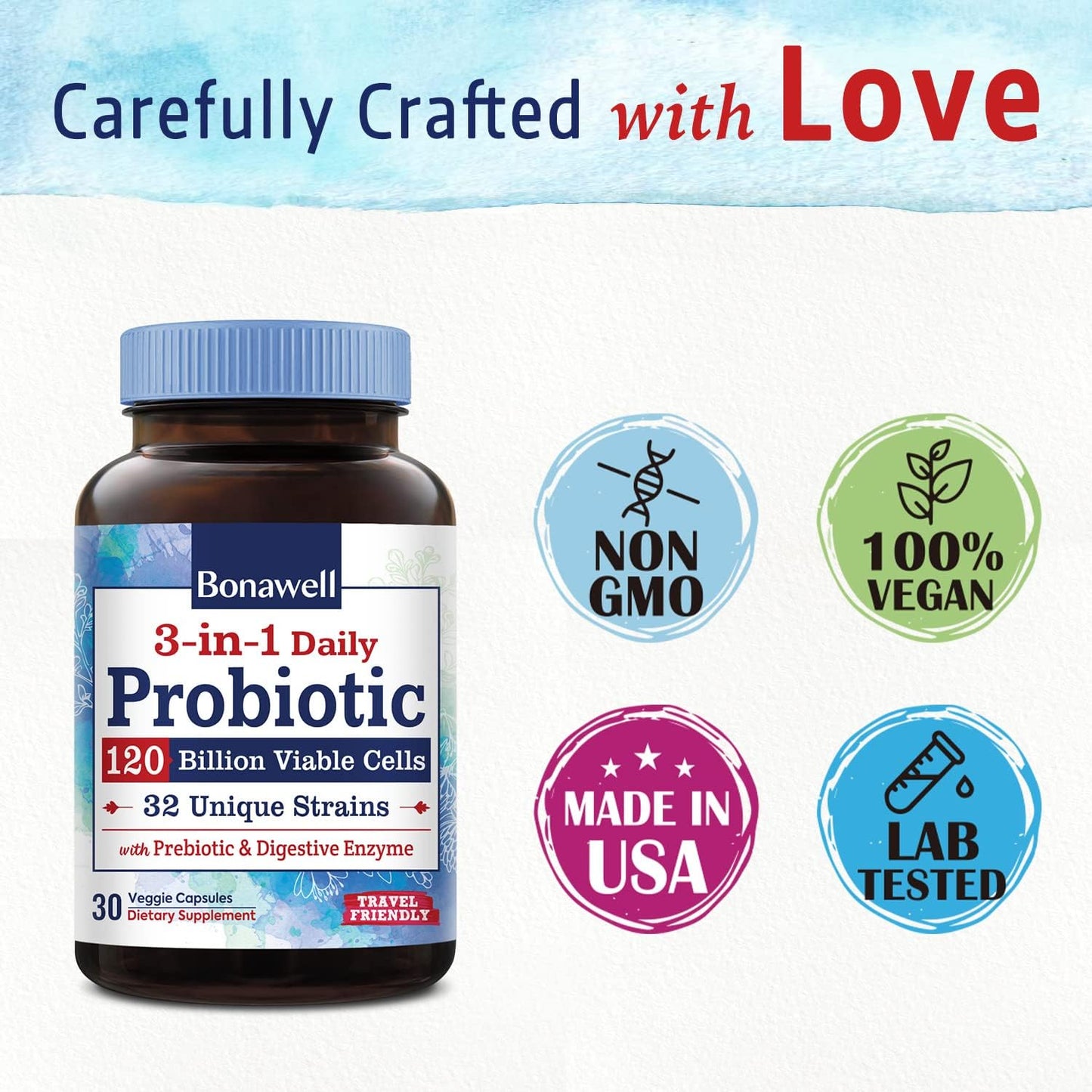 Bonawell Probiotics 120 Billion CFU 32 Strains with Prebiotics and Digestive Enzymes - 3-in-1 Daily Probiotic for Gut Health - 30 Veggie Capsules