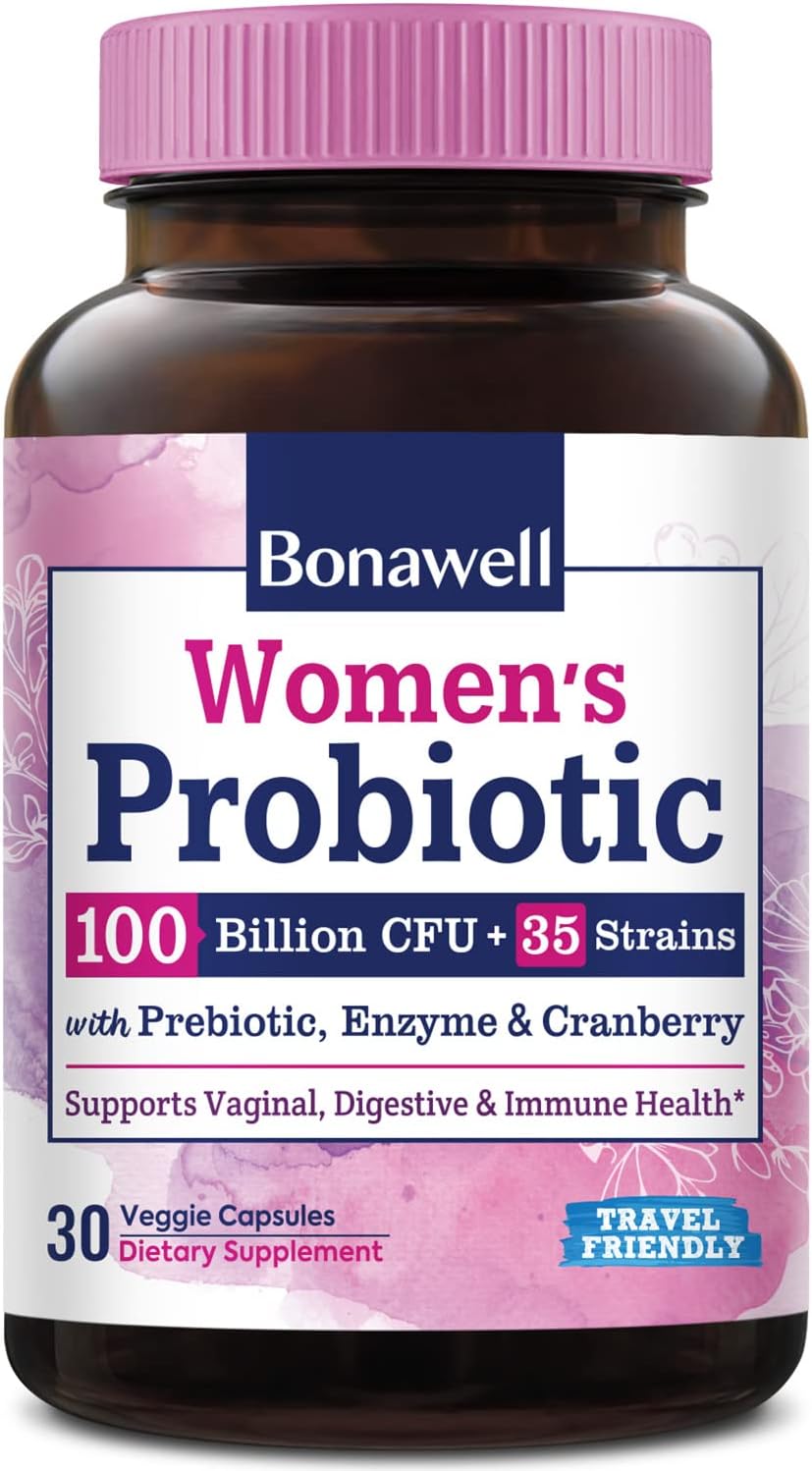 Bonawell Probiotics for Women 100B with Prebiotics, Digestive Enzymes & Organic Cranberry - Supports Vaginal Health, Digestion, Immunity - 30 Veggie Caps
