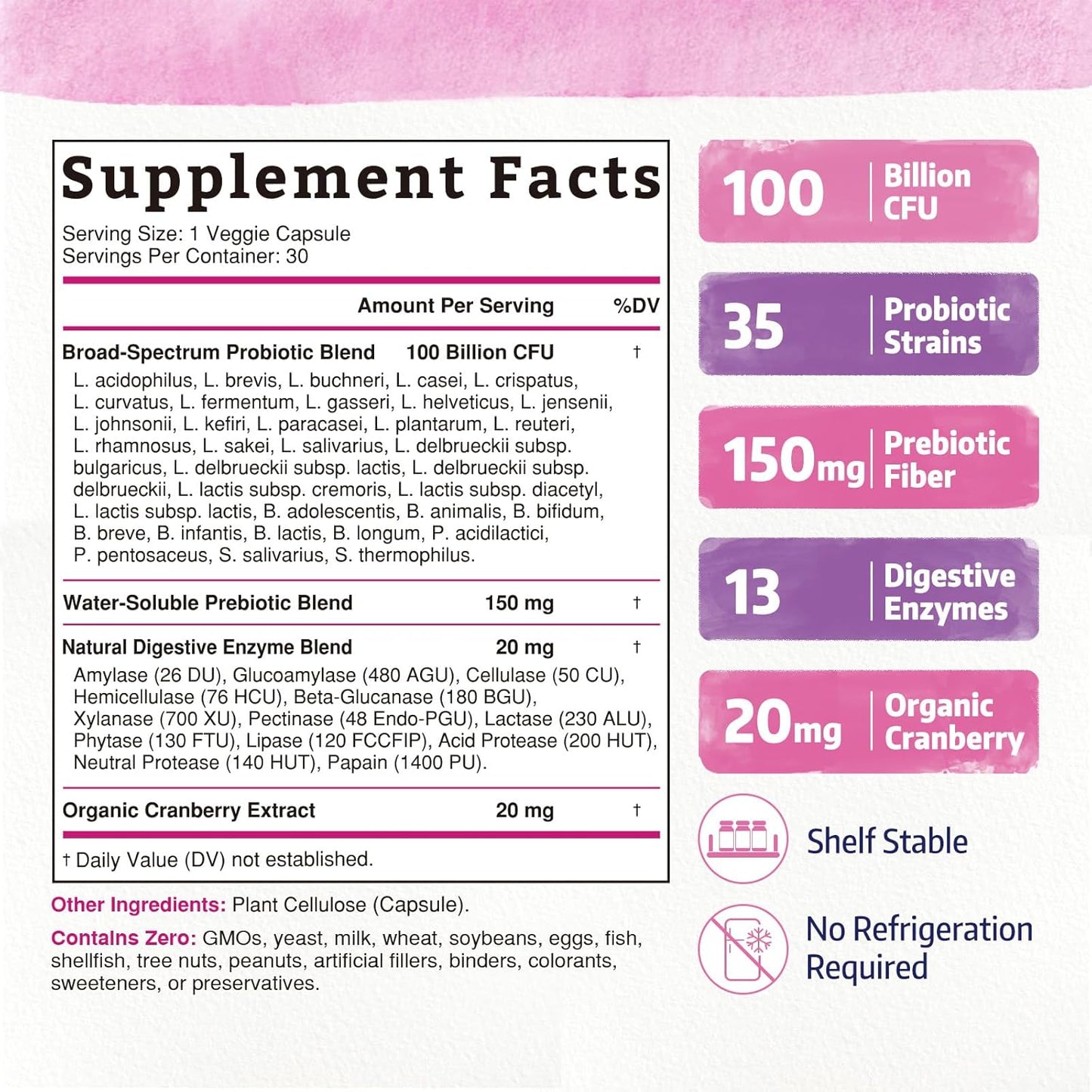 Bonawell Probiotics for Women 100B with Prebiotics, Digestive Enzymes & Organic Cranberry - Supports Vaginal Health, Digestion, Immunity - 30 Veggie Caps