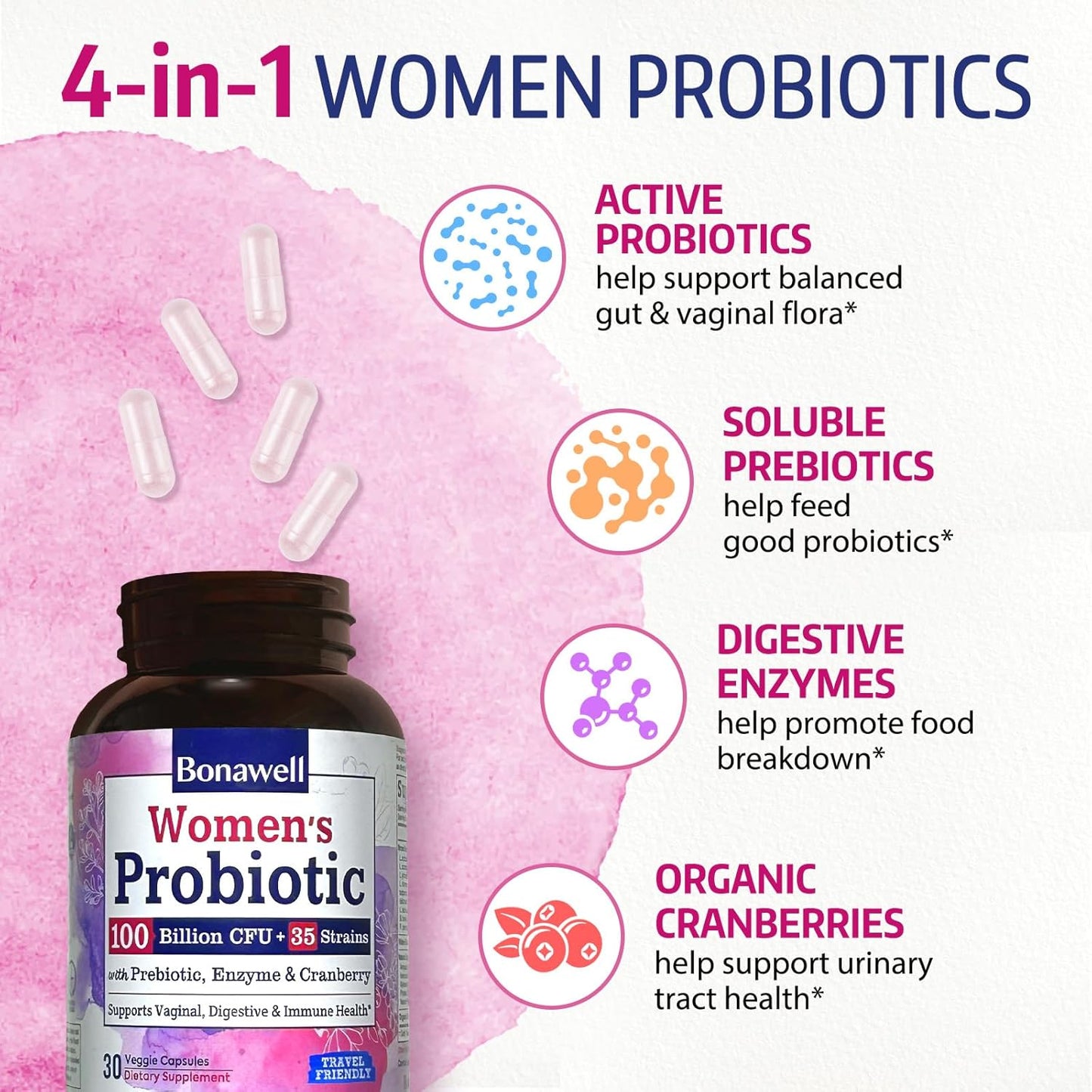Bonawell Probiotics for Women 100B with Prebiotics, Digestive Enzymes & Organic Cranberry - Supports Vaginal Health, Digestion, Immunity - 30 Veggie Caps
