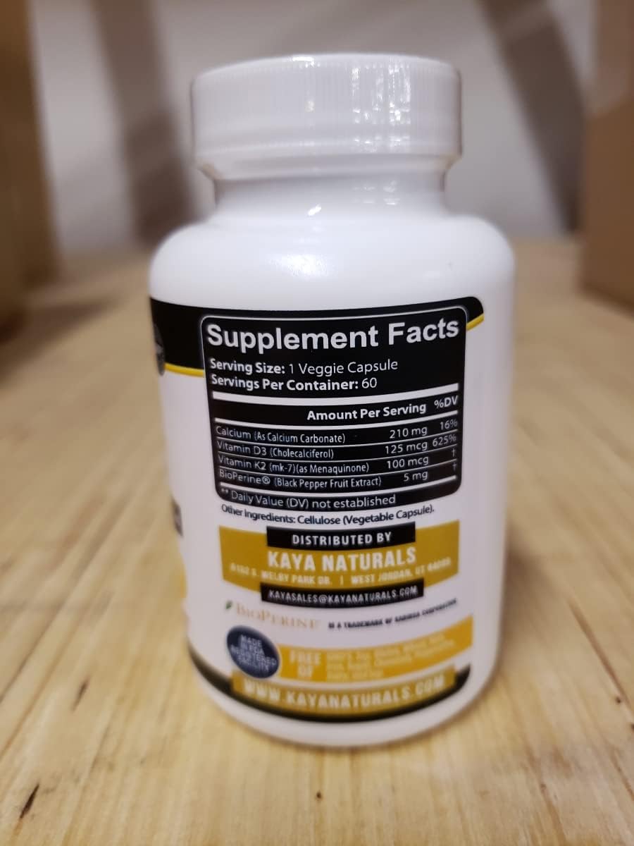 Bone and Heart Health Support Supplement with Vitamins K2 and D3 - 5000IU - Easy to Swallow Capsules - 60 Veggie Count - Bioperine Included