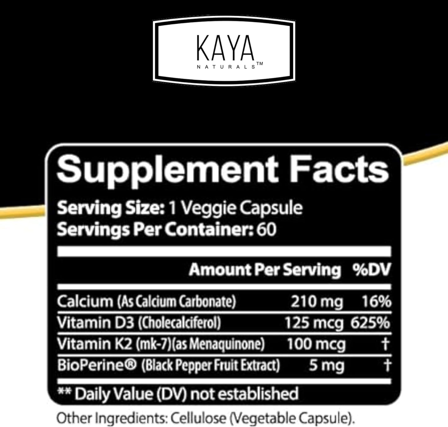Bone and Heart Health Support Supplement with Vitamins K2 and D3 - 5000IU - Easy to Swallow Capsules - 60 Veggie Count - Bioperine Included