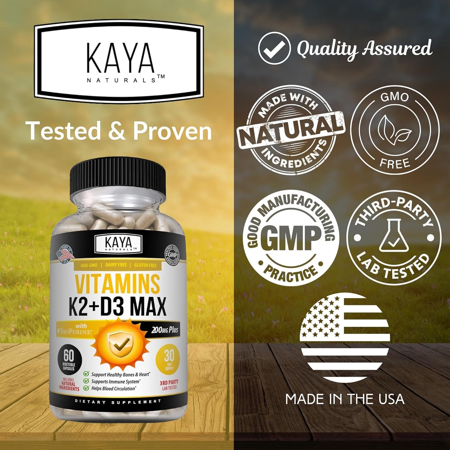 Bone and Heart Health Support Supplement with Vitamins K2 and D3 - 5000IU - Easy to Swallow Capsules - 60 Veggie Count - Bioperine Included