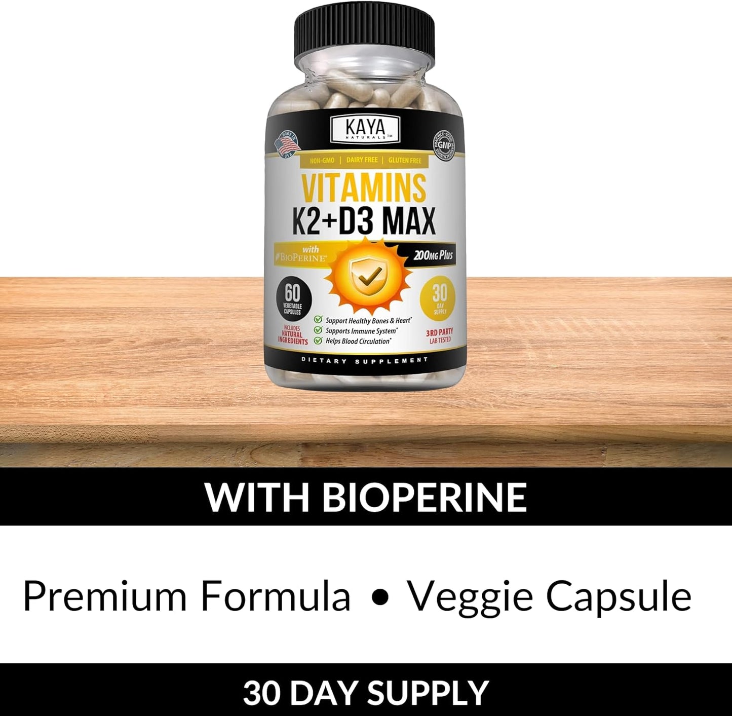 Bone and Heart Health Support Supplement with Vitamins K2 and D3 - 5000IU - Easy to Swallow Capsules - 60 Veggie Count - Bioperine Included