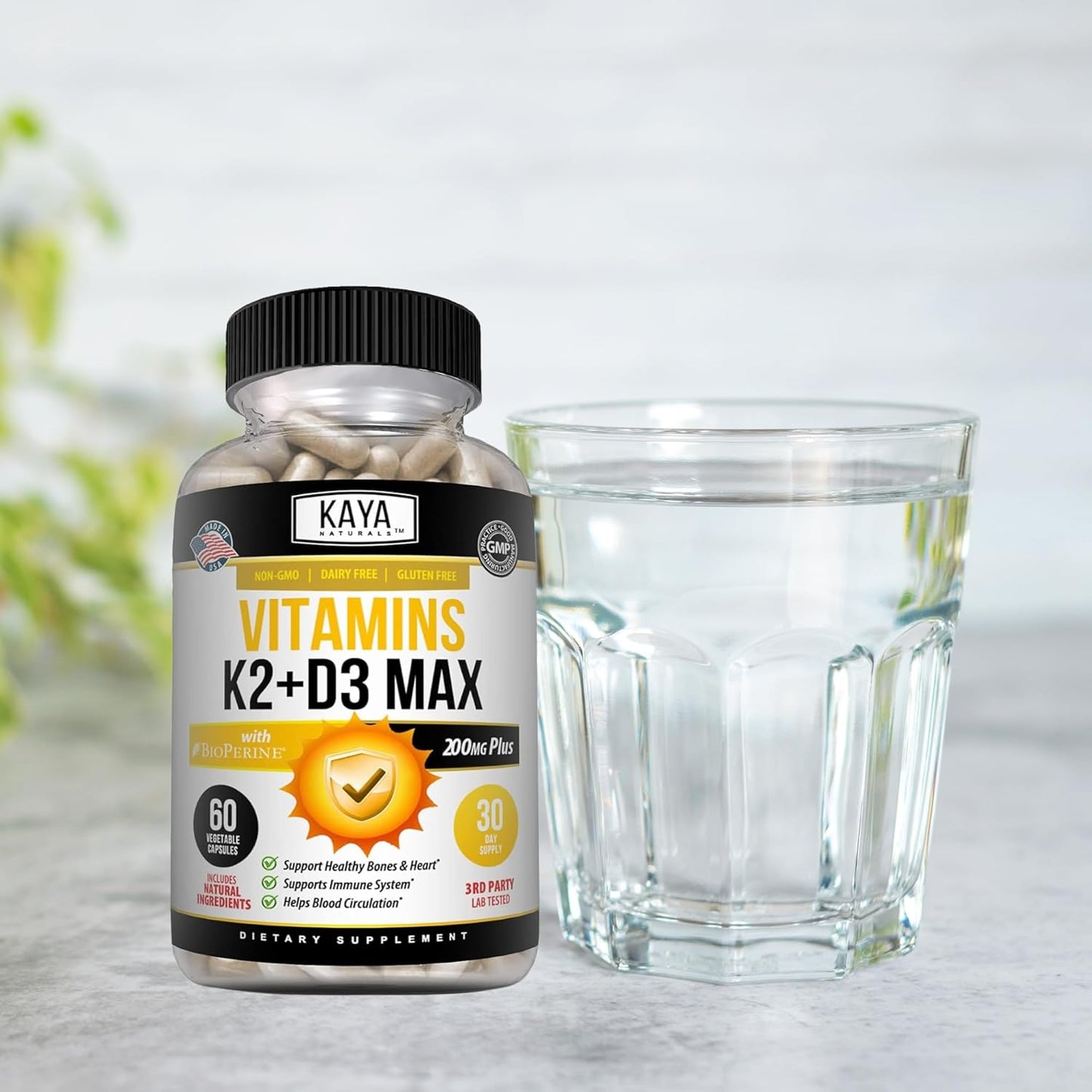 Bone and Heart Health Support Supplement with Vitamins K2 and D3 - 5000IU - Easy to Swallow Capsules - 60 Veggie Count - Bioperine Included