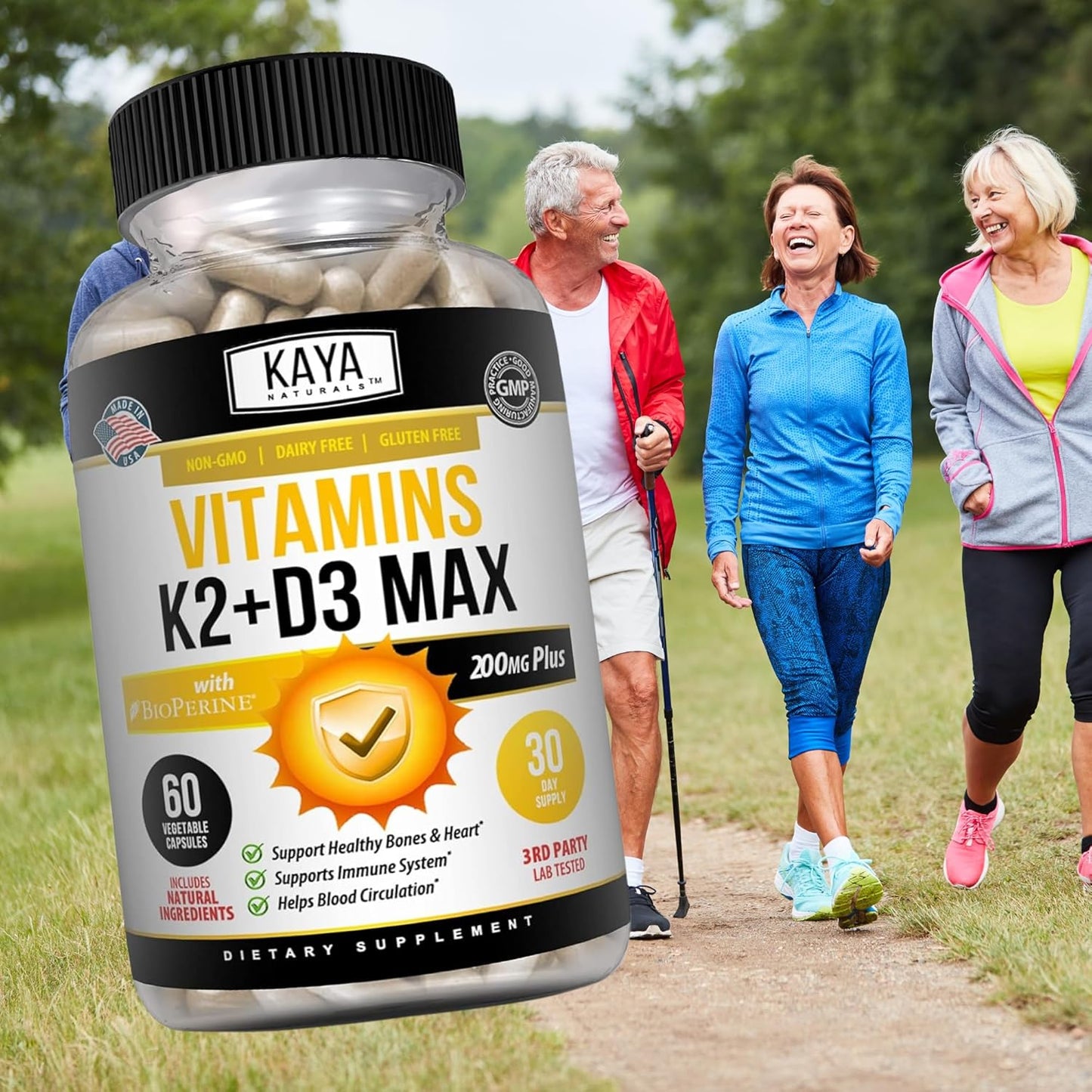 Bone and Heart Health Support Supplement with Vitamins K2 and D3 - 5000IU - Easy to Swallow Capsules - 60 Veggie Count - Bioperine Included