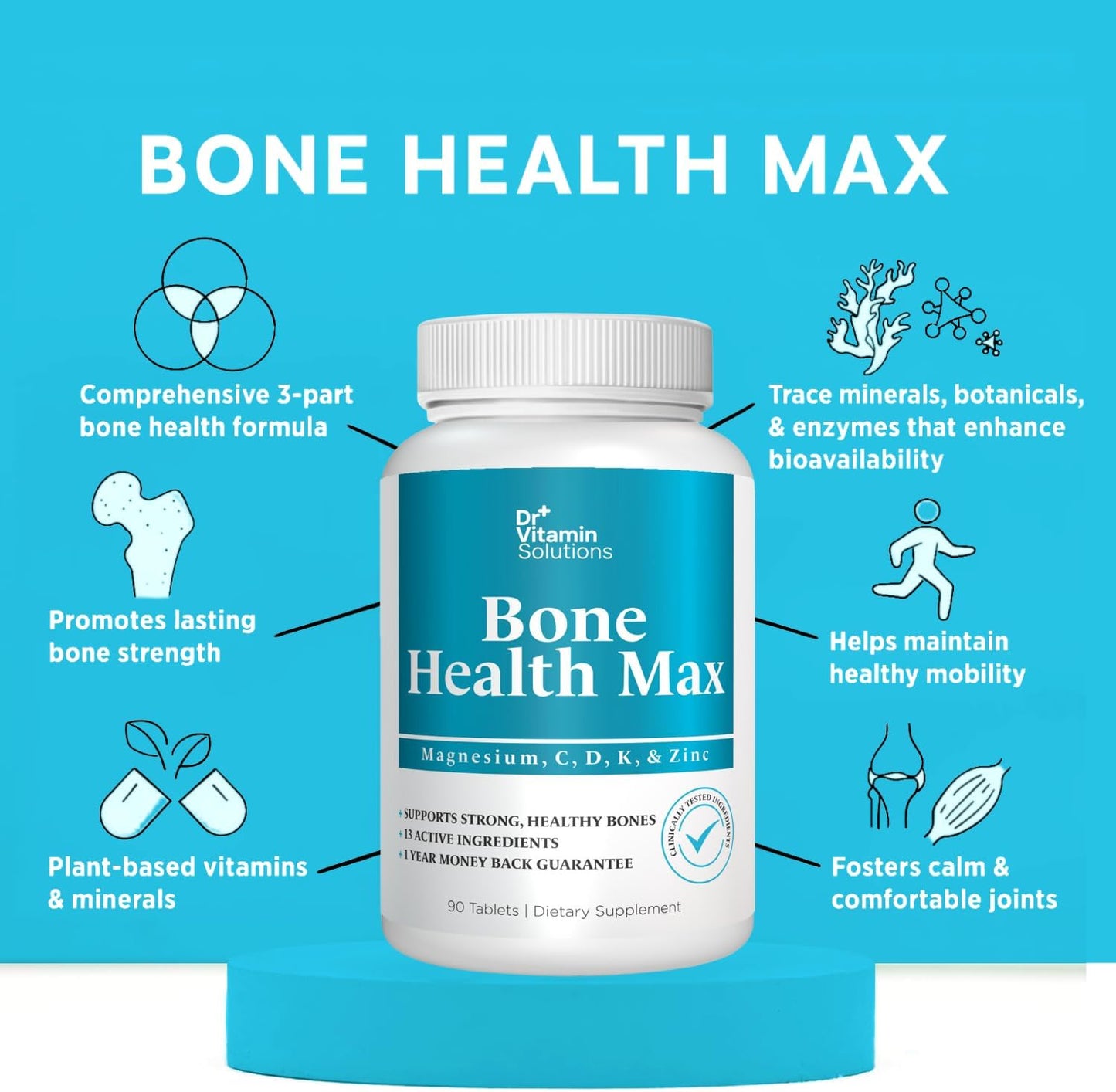 Bone Health Max - Advanced Calcium & Magnesium Supplement with Vitamin D3, Bromelain & Ipriflavone - 90 Tablets