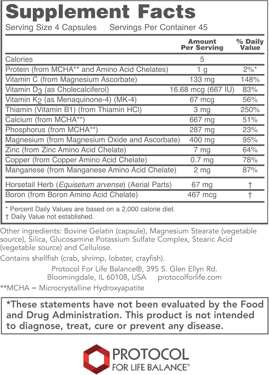 Bone Support Formula with Calcium Hydroxyapatite, Boron & Phosphorus - 180 Capsules for Bone Strength & Density - Teeth & Bone Health Supplement, Dairy & Soy Free