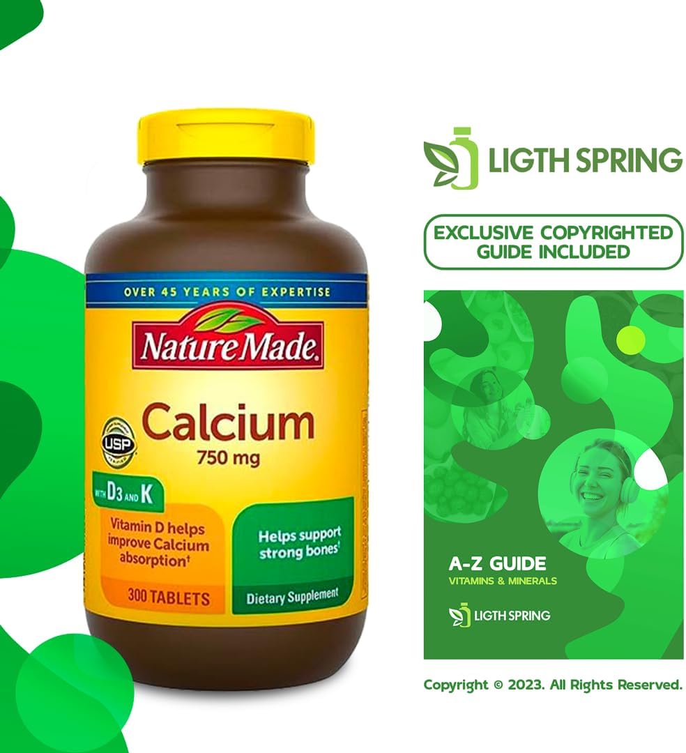 Bone Support: LightSpring Nature Made Calcium 750mg + Vitamin D3 & K, 300 Tablets - Exclusive A to Z Minerals & Vitamins for Strong Bones