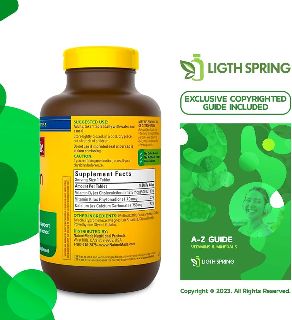 Bone Support: LightSpring Nature Made Calcium 750mg + Vitamin D3 & K, 300 Tablets - Exclusive A to Z Minerals & Vitamins for Strong Bones