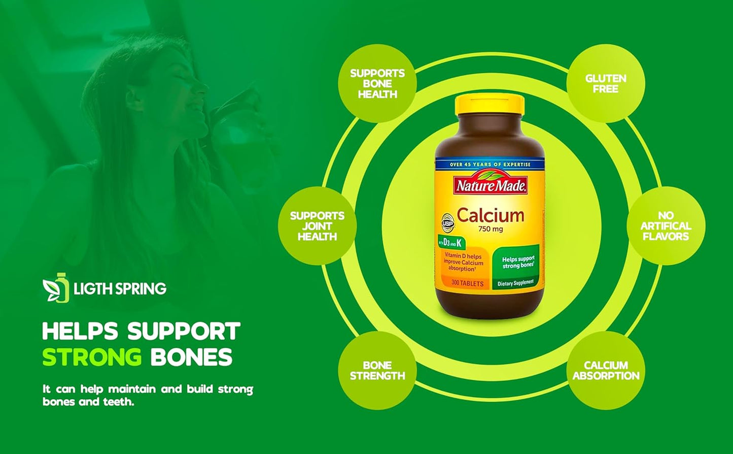 Bone Support: LightSpring Nature Made Calcium 750mg + Vitamin D3 & K, 300 Tablets - Exclusive A to Z Minerals & Vitamins for Strong Bones
