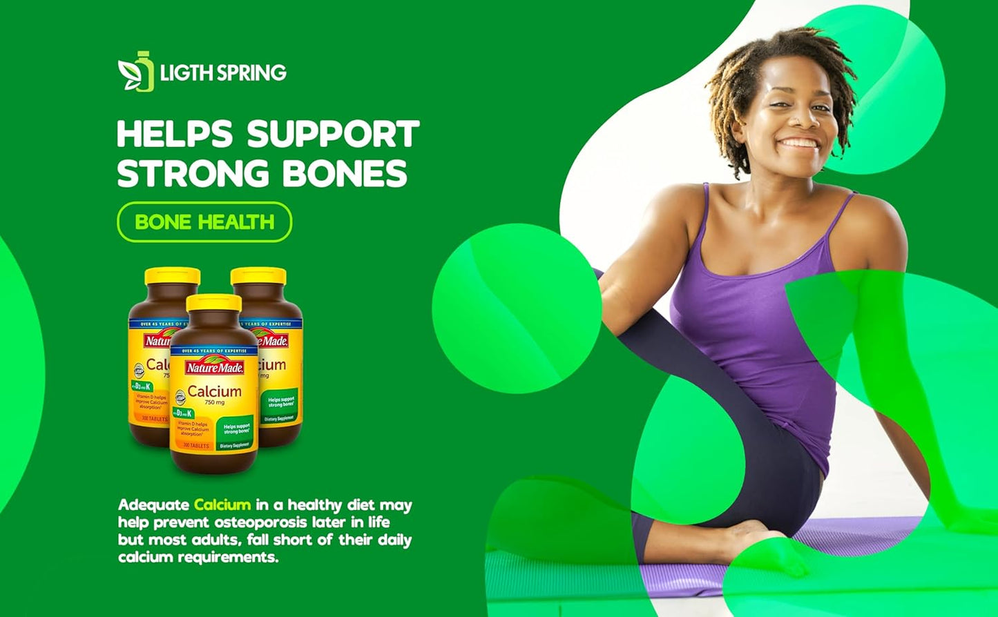 Bone Support: LightSpring Nature Made Calcium 750mg + Vitamin D3 & K, 300 Tablets - Exclusive A to Z Minerals & Vitamins for Strong Bones
