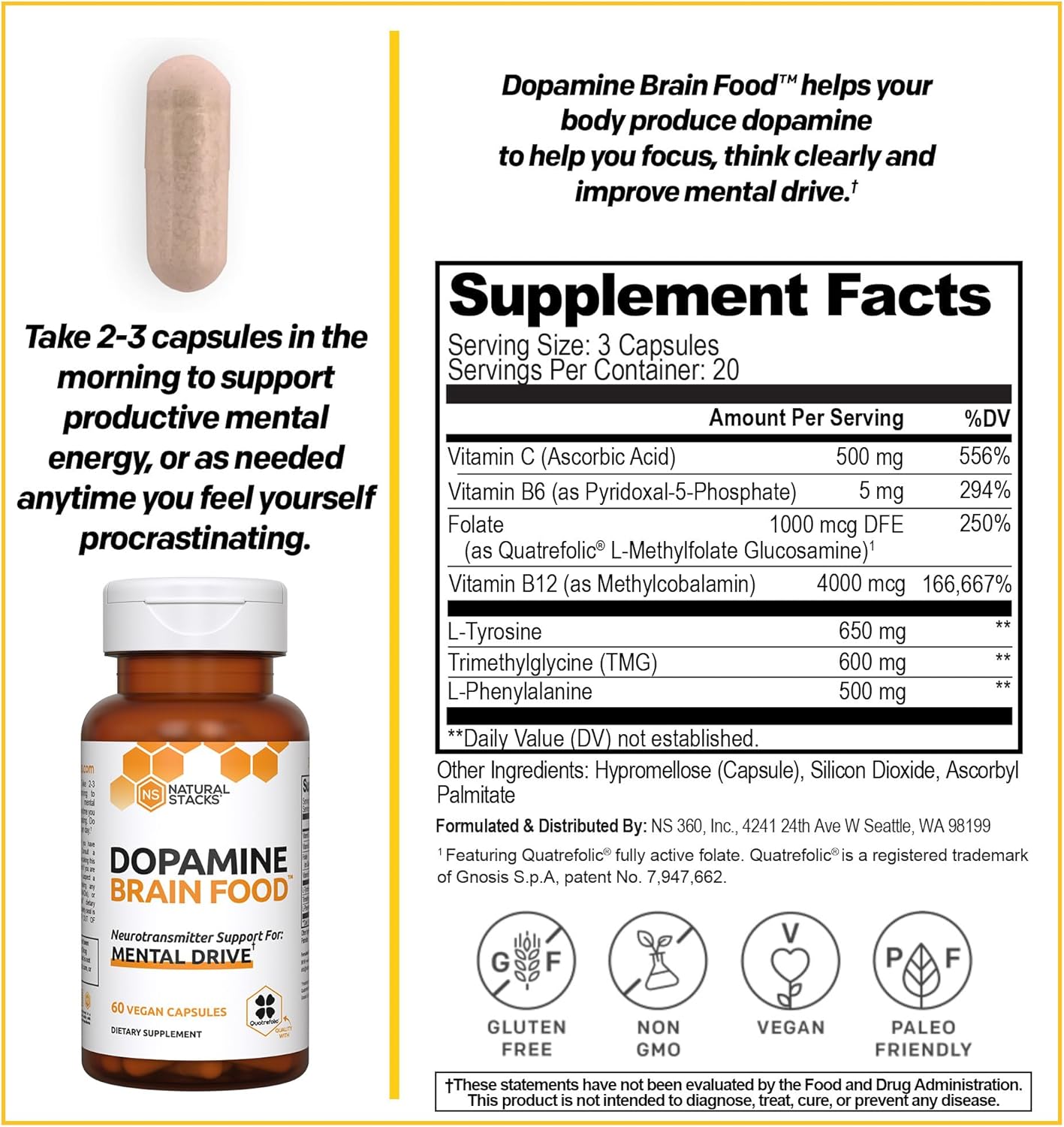 Boost Energy and Focus with Natural Stacks Smart Caffeine and Dopamine Brain Food Bundle - 120 Capsules