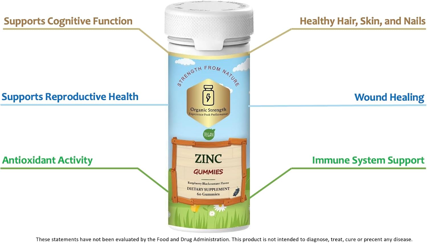 Boost Immunity with Organic Strength Vegan Zinc Pectin Gummies - 50mg Zinc, 455% Daily Intake (60 Count)