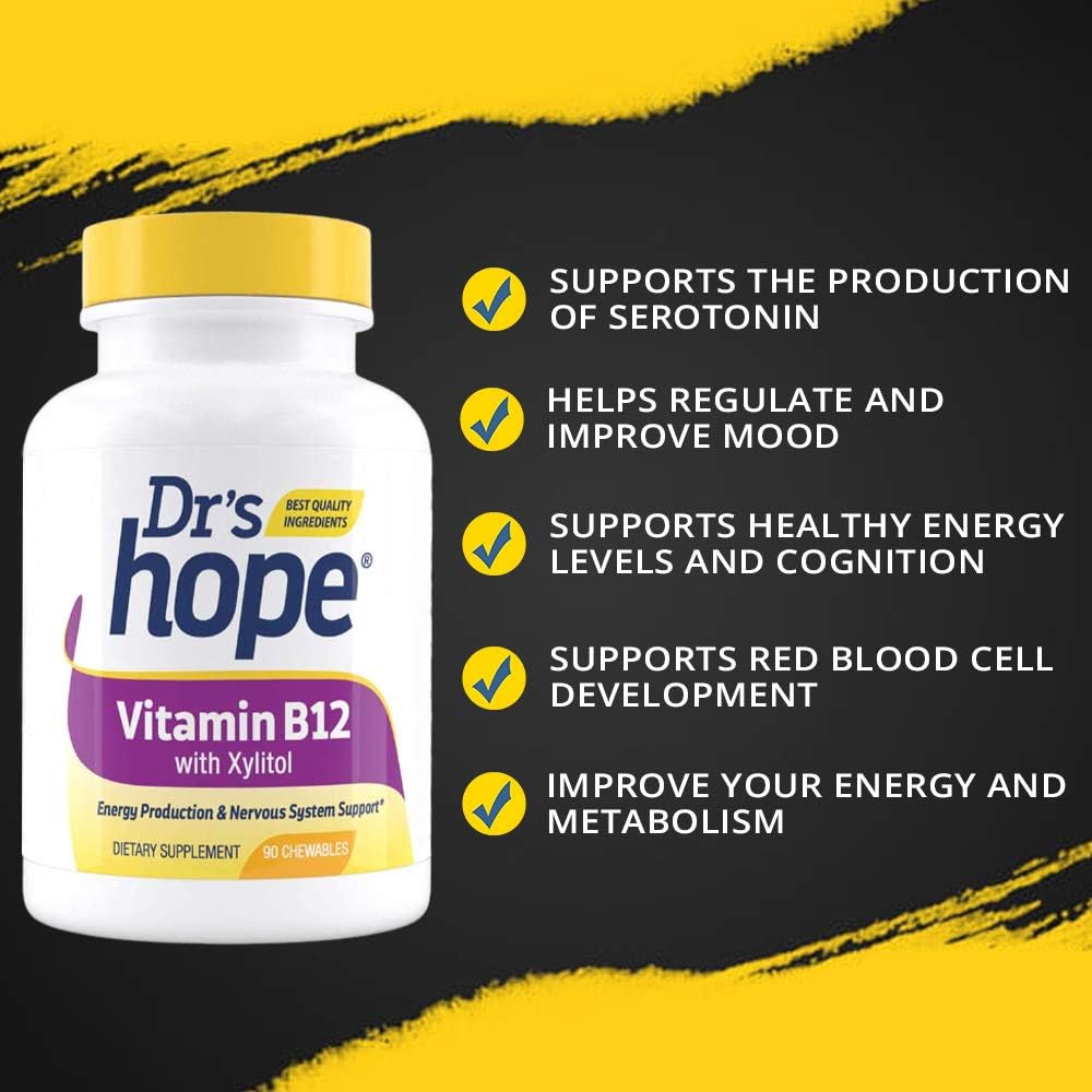 Boost Metabolism & Energy with Dr’s Hope Vitamin B12 1000 Mcg Chewable Tablets - 90 Servings, Non-GMO & Gluten Free