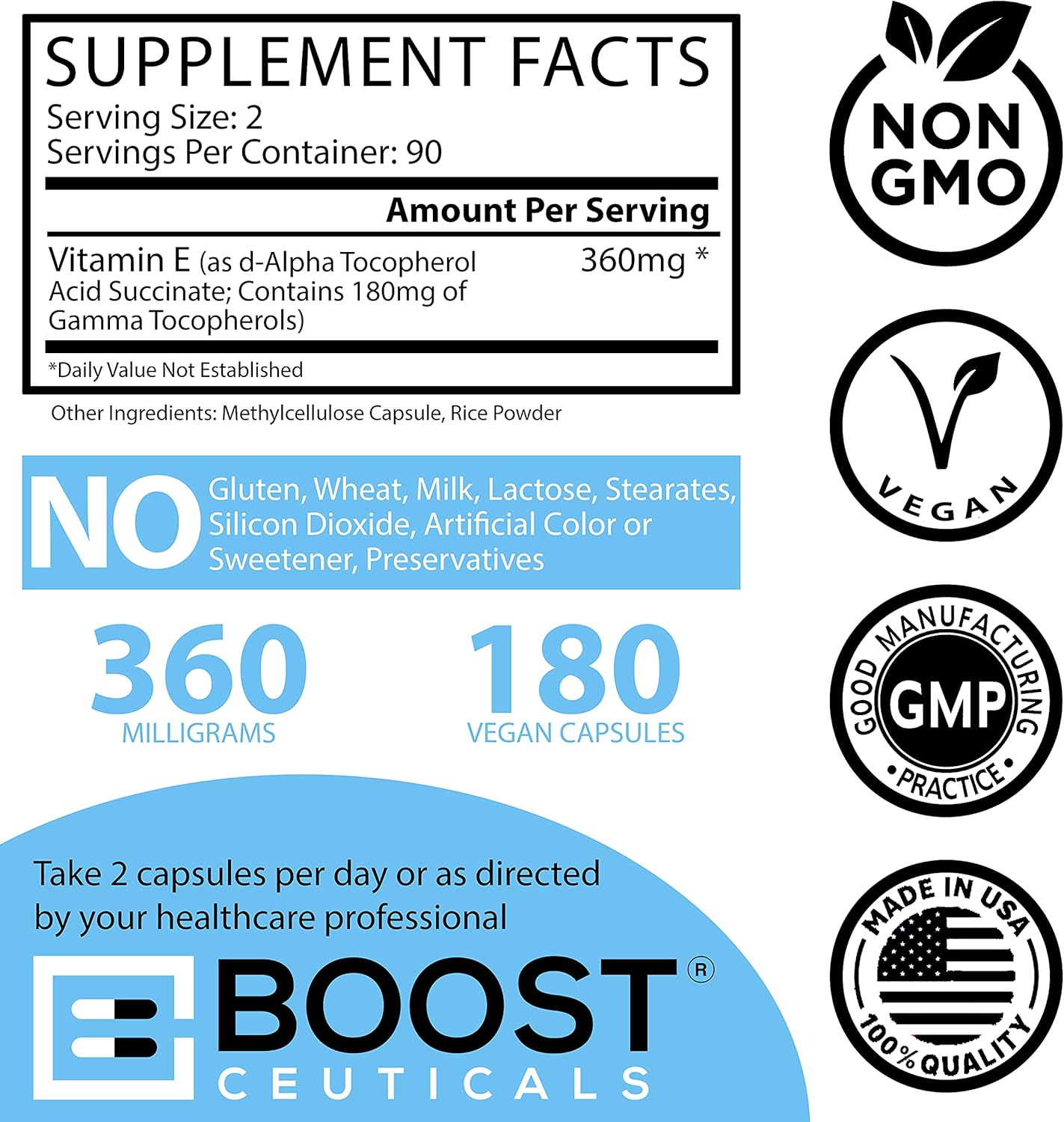 BoostCeuticals Vegan Vitamin E 400 IU Mixed Tocopherols Complex - Non GMO Gluten Free VIT E Supplement