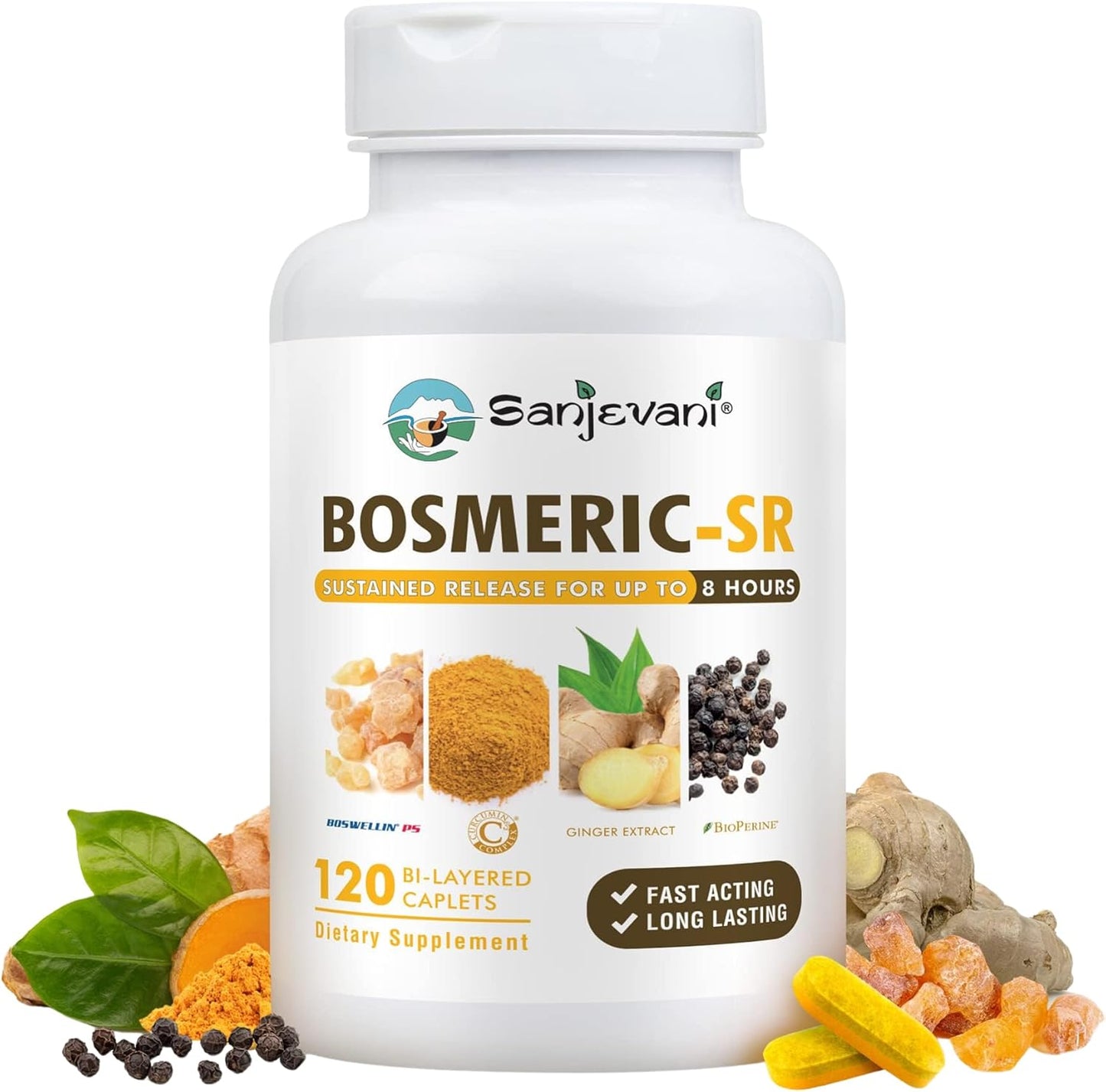 BOSMERIC-SR 8-Hour Sustained Release Joint Support Supplement with Turmeric, Boswellia, and Ginger - 120 Caplets by Sanjevani
