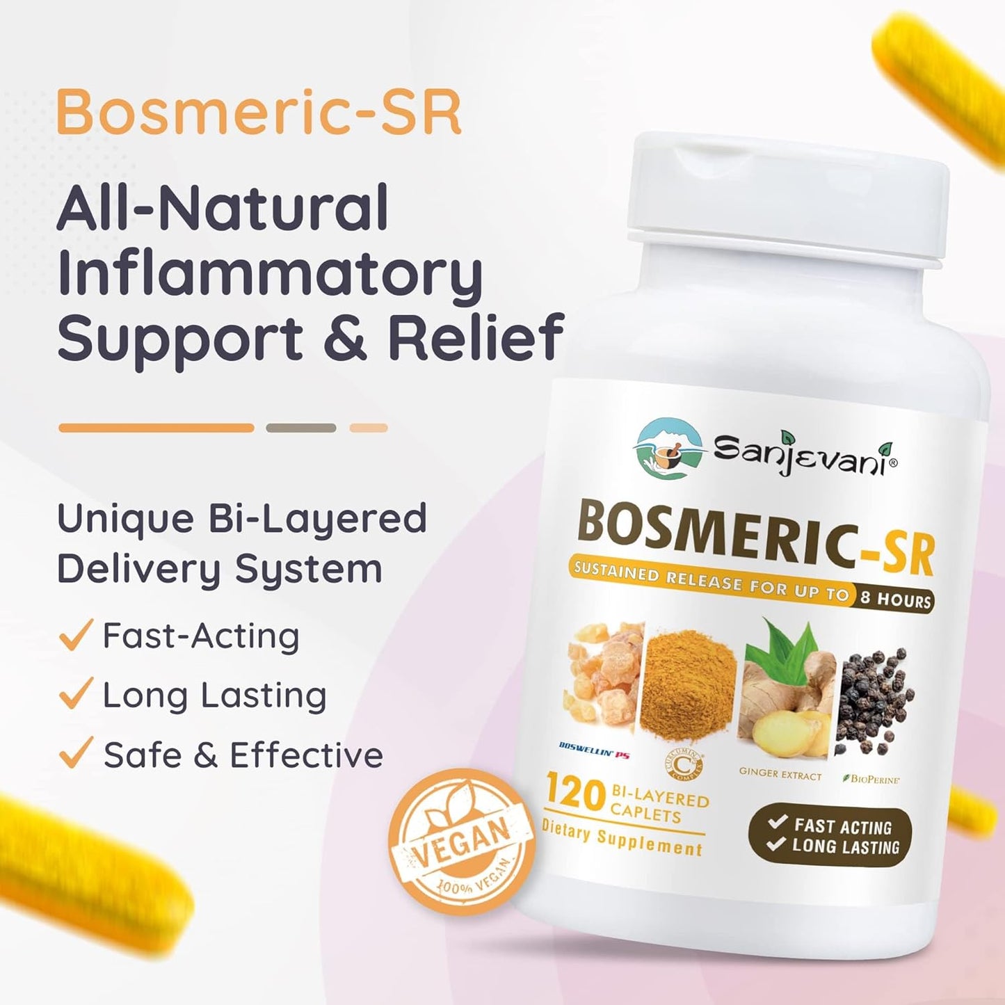 BOSMERIC-SR 8-Hour Sustained Release Joint Support Supplement with Turmeric, Boswellia, and Ginger - 120 Caplets by Sanjevani