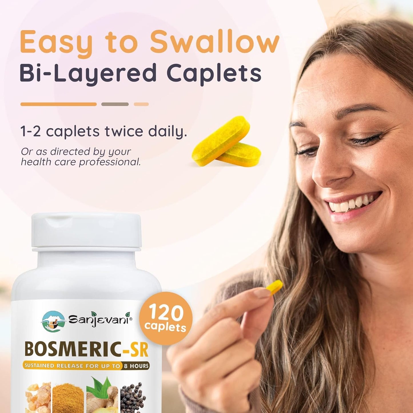 BOSMERIC-SR 8-Hour Sustained Release Joint Support Supplement with Turmeric, Boswellia, and Ginger - 120 Caplets by Sanjevani