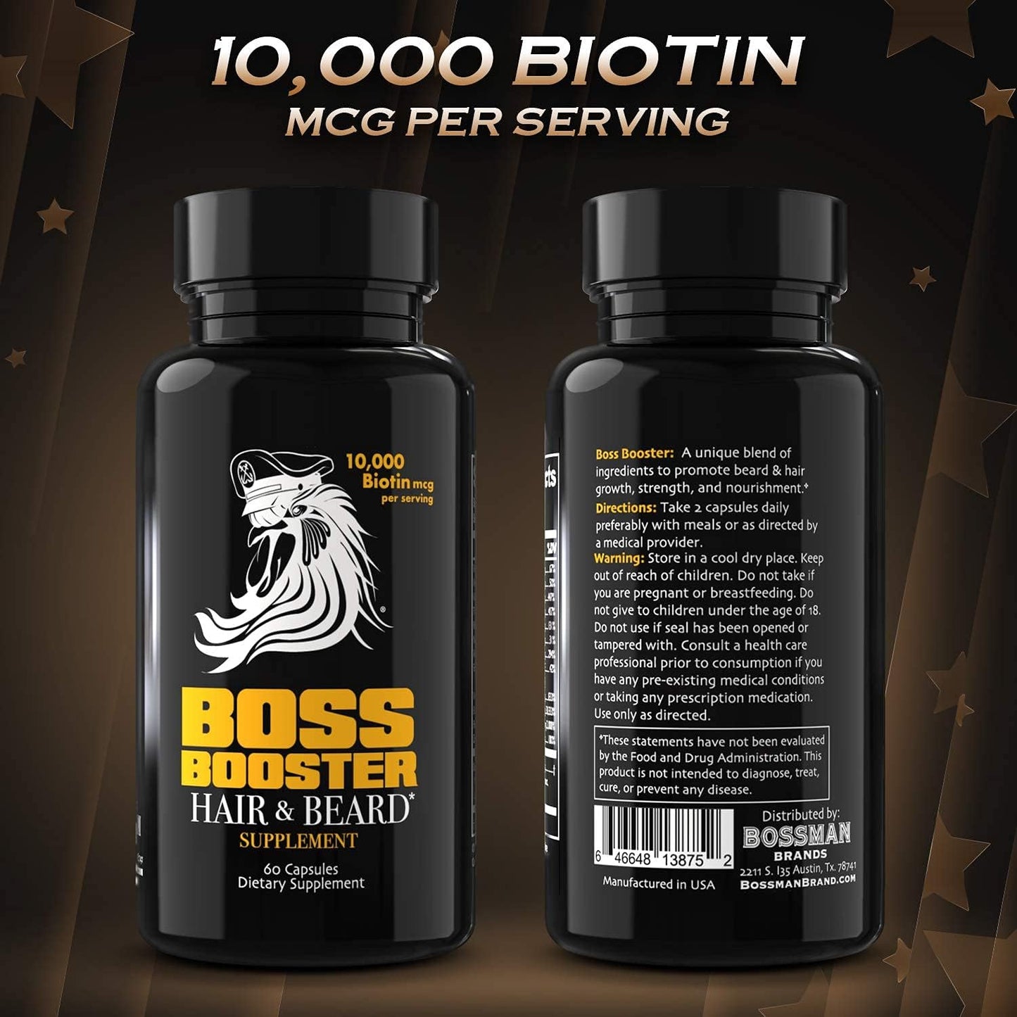 Bossman Boss Booster - Men's Beard Growth Supplement with 10,000 MCG Biotin and MSM for Hair and Beard Care