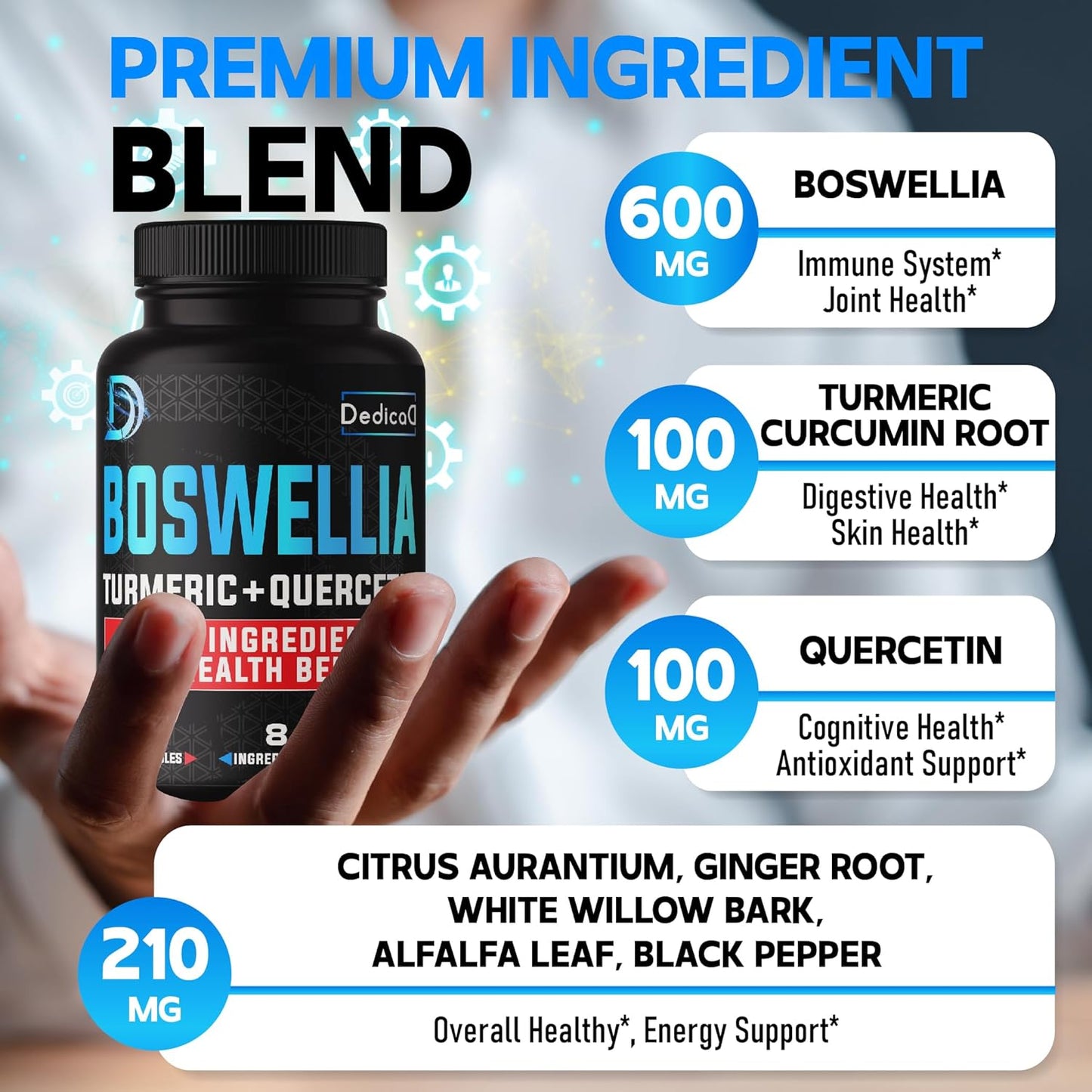 Boswellia Serrata Extract 20:1 Capsules with Turmeric, Quercetin, Citrus, Ginger, White Willow, and Alfalfa - Joint, Cartilage, and Immune Support - 120 Count