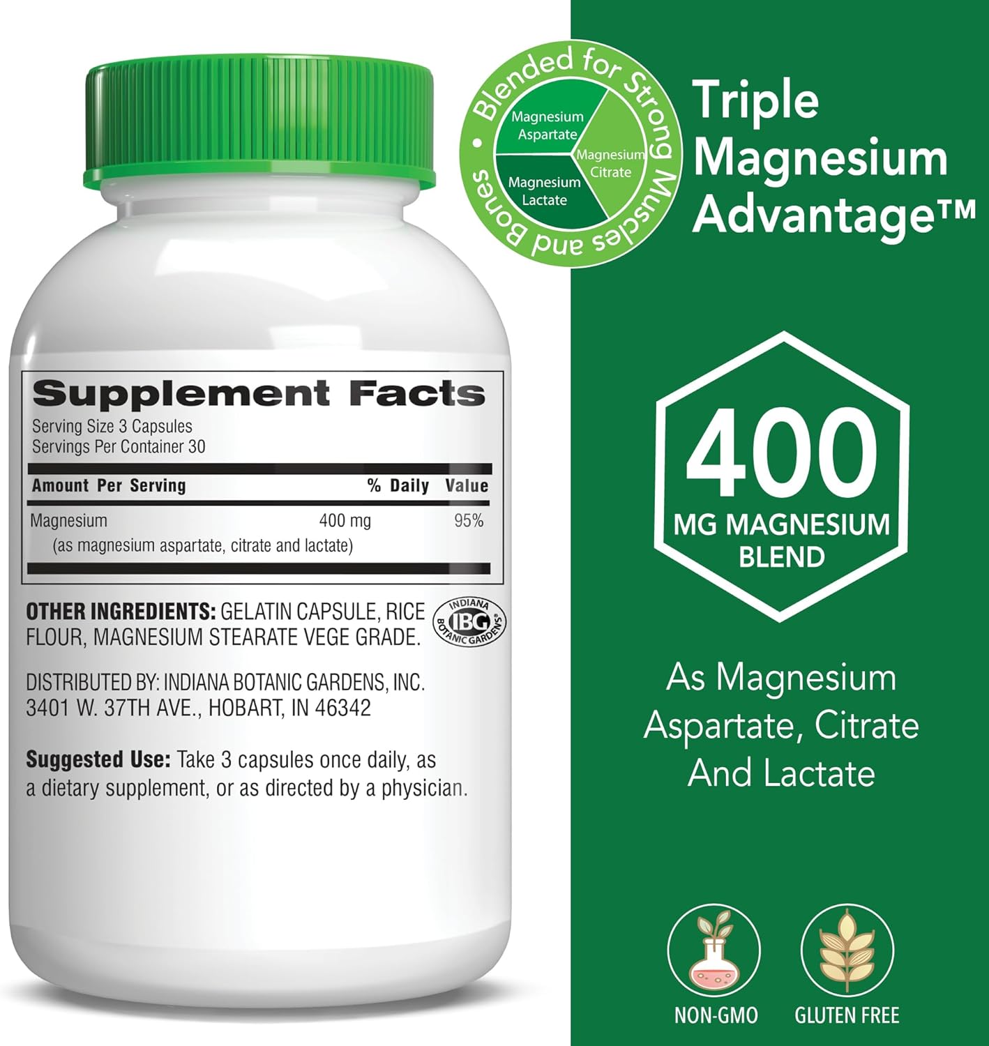 Botanic Choice Triple Magnesium Complex Supplement for Nerve, Digestive, Muscular, and Heart Health - 90 Capsules for Men and Women