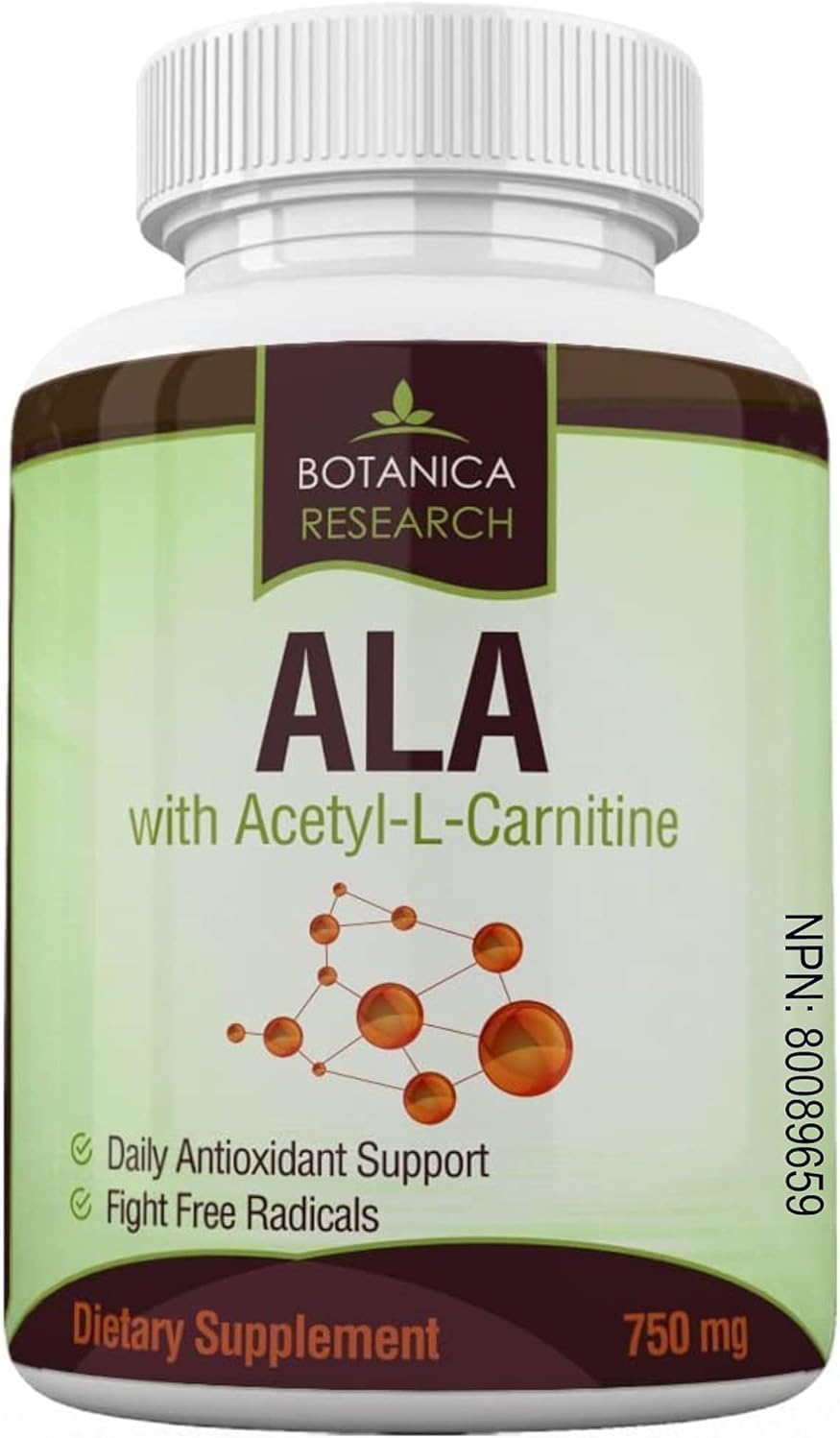 Botanica Research Alpha Lipoic Acid with Acetyl L Carnitine Capsules - ALA ALC Anti Aging Health Supplement for Nerve Health & Tingling Limbs