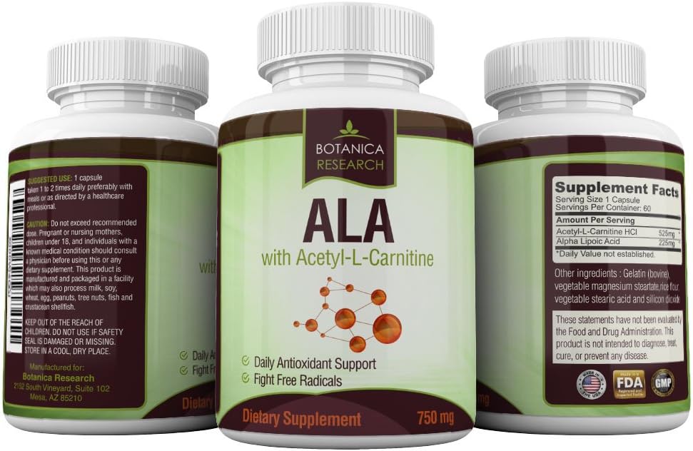 Botanica Research Alpha Lipoic Acid with Acetyl L Carnitine Capsules - ALA ALC Anti Aging Health Supplement for Nerve Health & Tingling Limbs